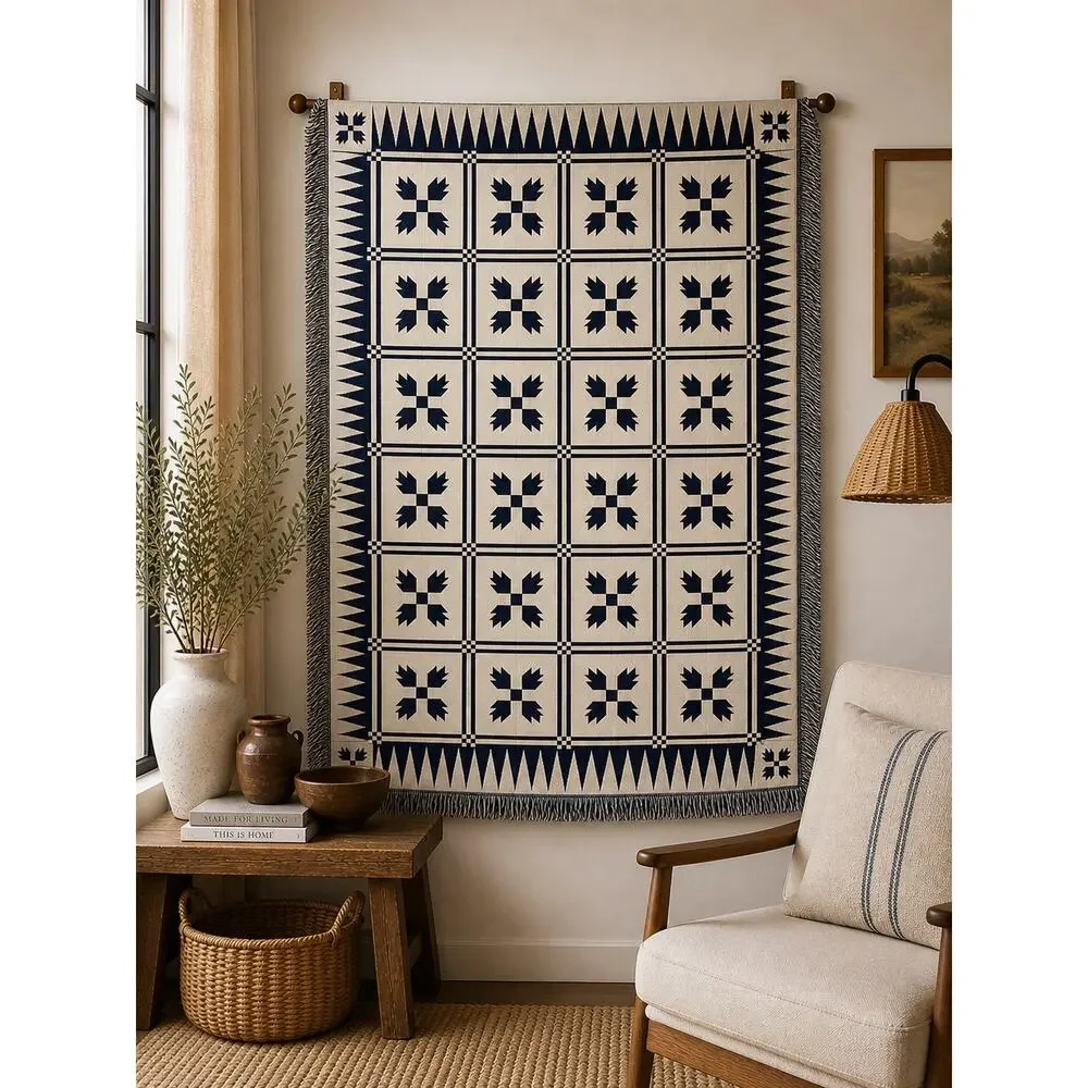 Woven Throw Blanket 72x50 Navy Cream Geometric Fringe Boho Farmhouse Decor